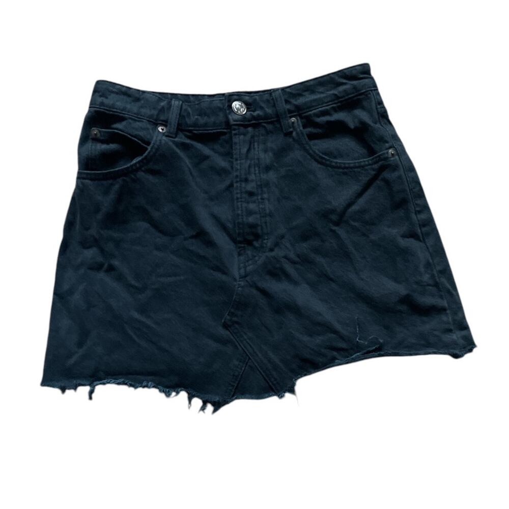 Womens Black Mini Denim/jean Skirt Button up fly Destressed Hem Size Medium